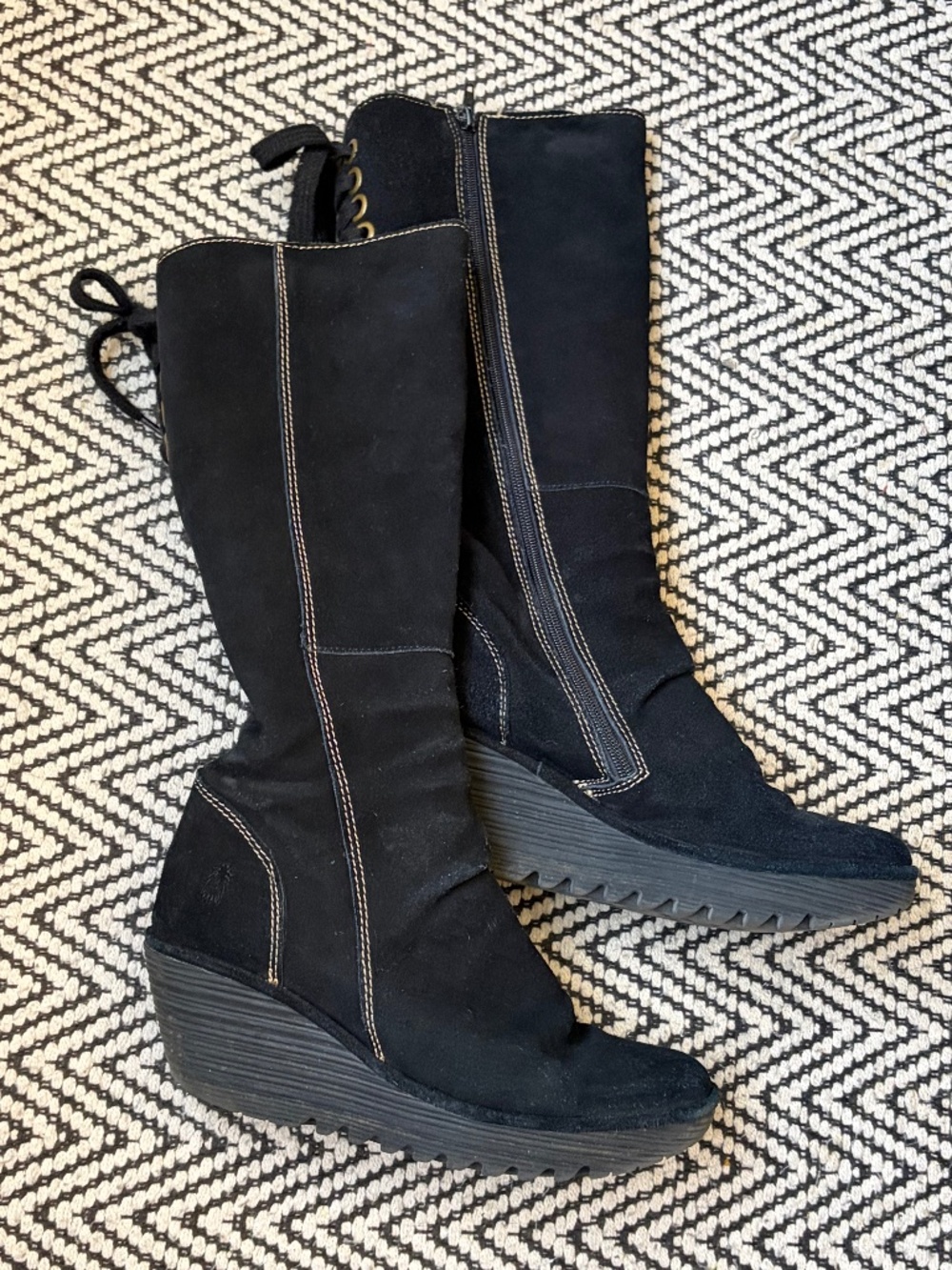 Fly London (40) Yust tall, black suede wedge boots
